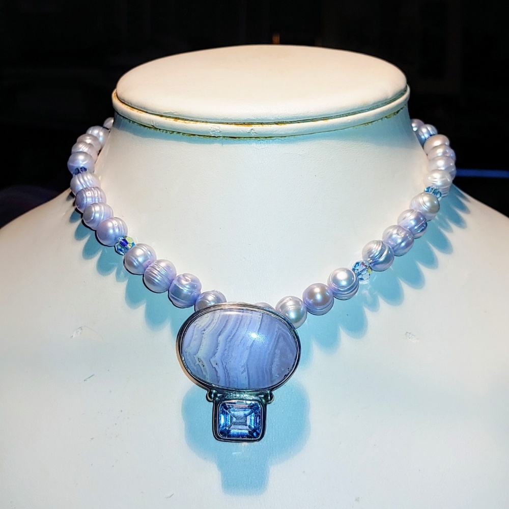 Blue Pearl & Crystal Necklace-w/ Removable Pendant